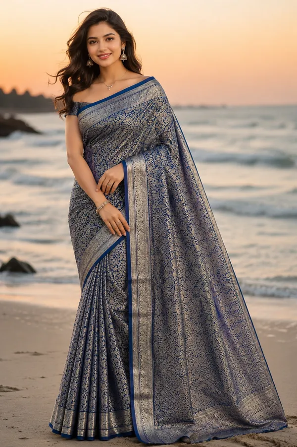 Navy_Blue_Chinnon_Zari_Border_Fancy_Saree_For_Women