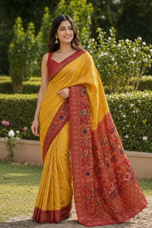 Yellow_Soft_Silk_Patola_Print_Saree_With_Red_Border_For_Women