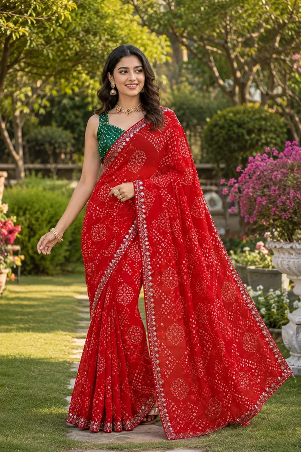 Red_Georgette_Bandhani_Print_Embroidered_Saree_For_Women