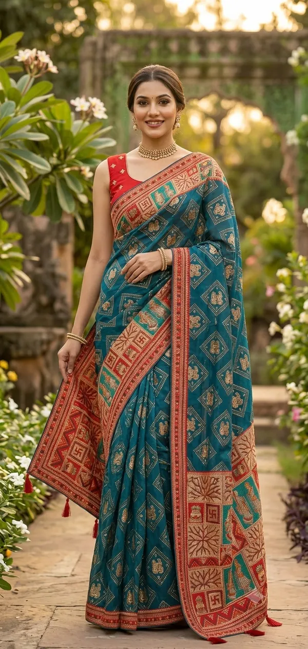 Peacock_Organza_Printed_Saree_With_Red_Border_For_Women