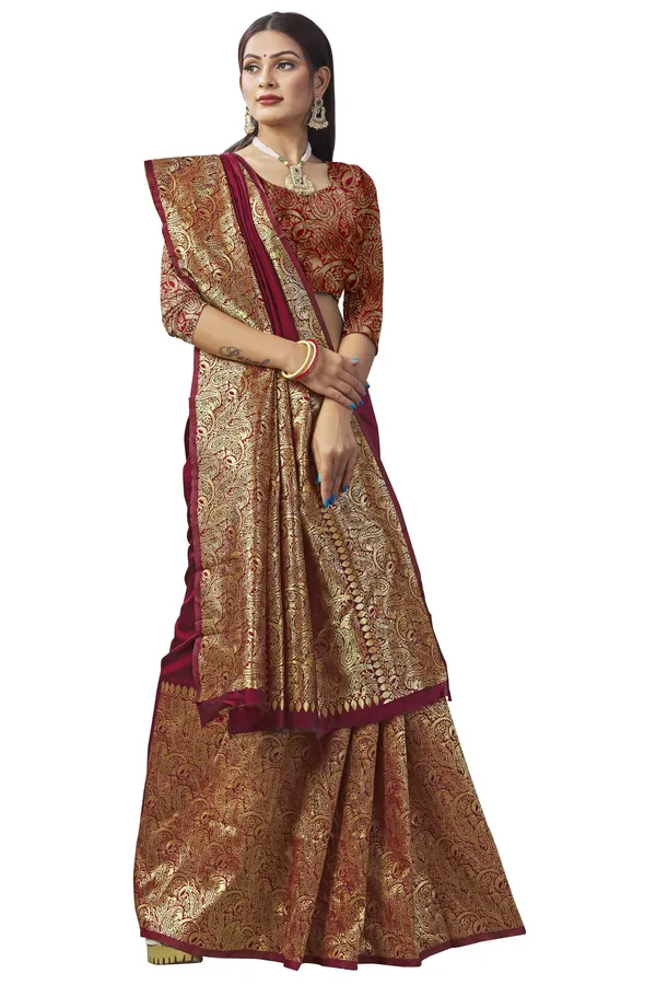 Marziyaa_Embellished_Woven_Polka_Print_Dharmavaram_Jacquard_Saree_(Maroon)