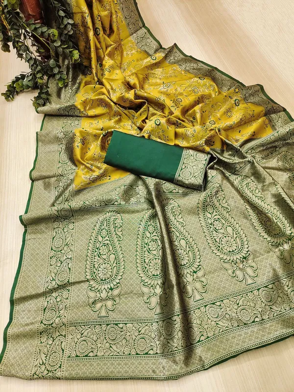 Marziyaa_Floral_Print_Banarasi_Jacquard_Saree_(Yellow)