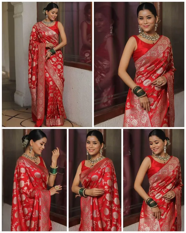 Marziyaa_Floral_Print_Banarasi_Jacquard_Saree_(Red)