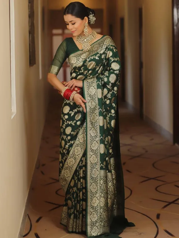 Marziyaa_Floral_Print_Banarasi_Jacquard_Saree_(Green)