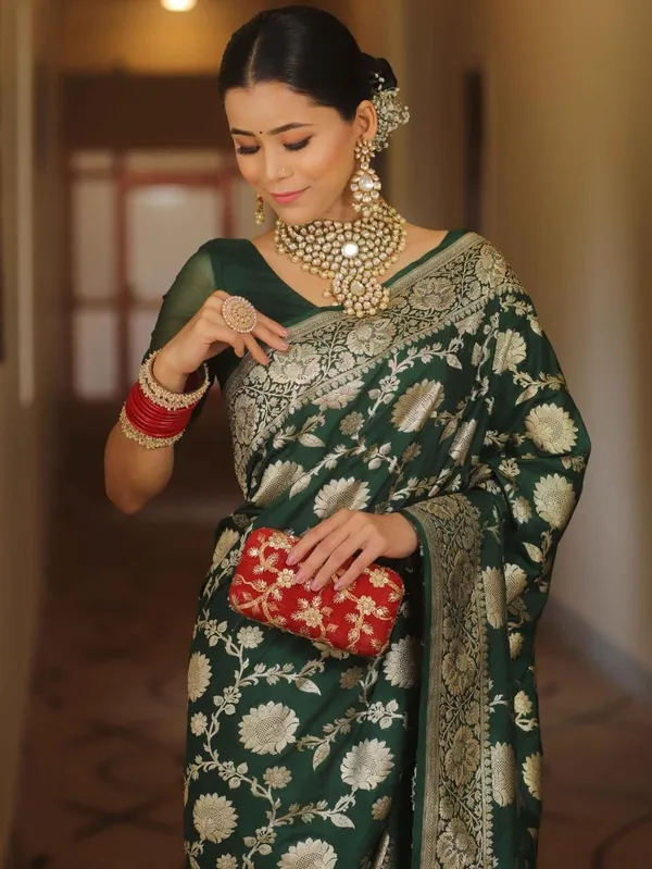 Marziyaa_Floral_Print_Banarasi_Jacquard_Saree_(Green)