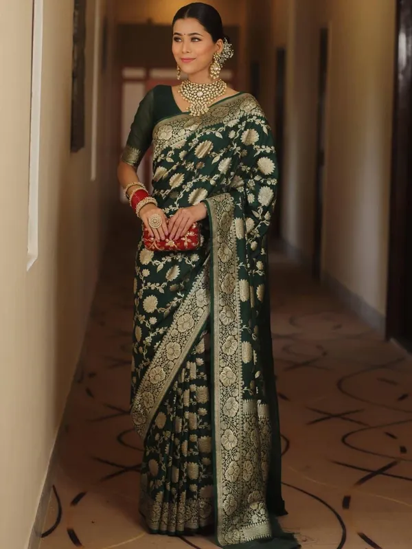 Marziyaa_Floral_Print_Banarasi_Jacquard_Saree_(Green)