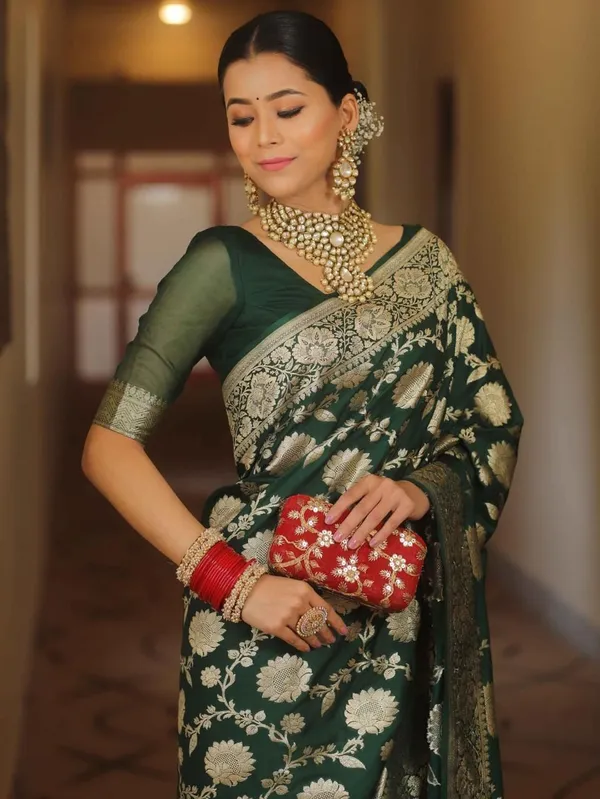Marziyaa_Floral_Print_Banarasi_Jacquard_Saree_(Green)