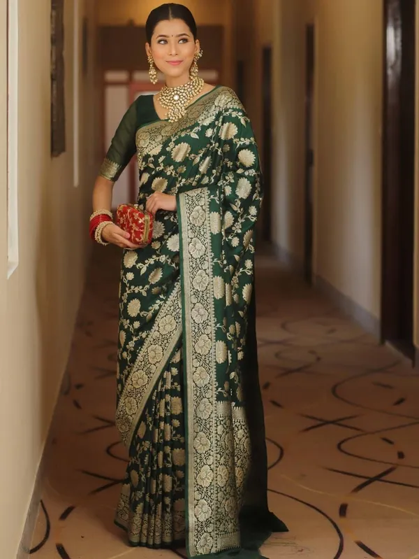 Marziyaa_Floral_Print_Banarasi_Jacquard_Saree_(Green)