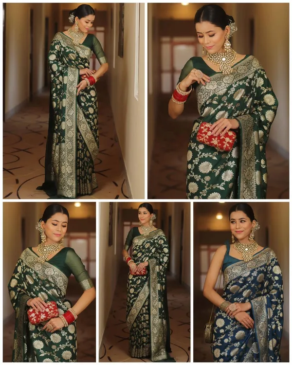 Marziyaa_Floral_Print_Banarasi_Jacquard_Saree_(Green)