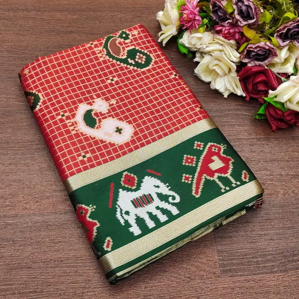 Marziyaa_Animal_Print_Banarasi_Jacquard_Saree_(Red_Green)