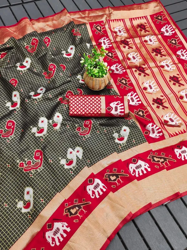 Marziyaa_Animal_Print_Banarasi_Jacquard_Saree_(Black_Red)