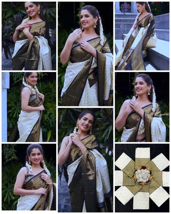 Marziyaa_Floral_Print_Banarasi_Jacquard_Saree_(White_Black)