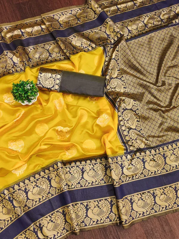 Marziyaa_Animal_Print_Banarasi_Jacquard_Saree_(Yellow_Blue)