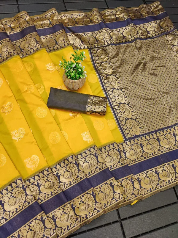 Marziyaa_Animal_Print_Banarasi_Jacquard_Saree_(Yellow_Blue)