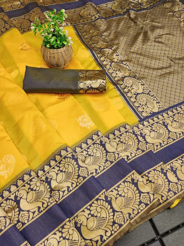 Marziyaa_Animal_Print_Banarasi_Jacquard_Saree_(Yellow_Blue)