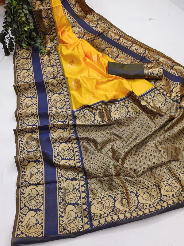 Marziyaa_Animal_Print_Banarasi_Jacquard_Saree_(Yellow_Blue)