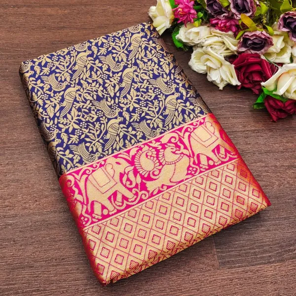 Marziyaa_Animal_Print_Banarasi_Jacquard_Saree_(Blue_Red)