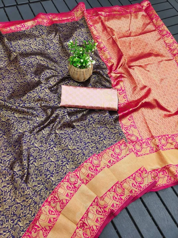Marziyaa_Animal_Print_Banarasi_Jacquard_Saree_(Blue_Red)