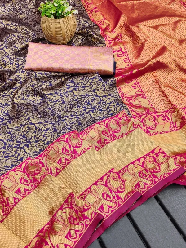 Marziyaa_Animal_Print_Banarasi_Jacquard_Saree_(Blue_Red)