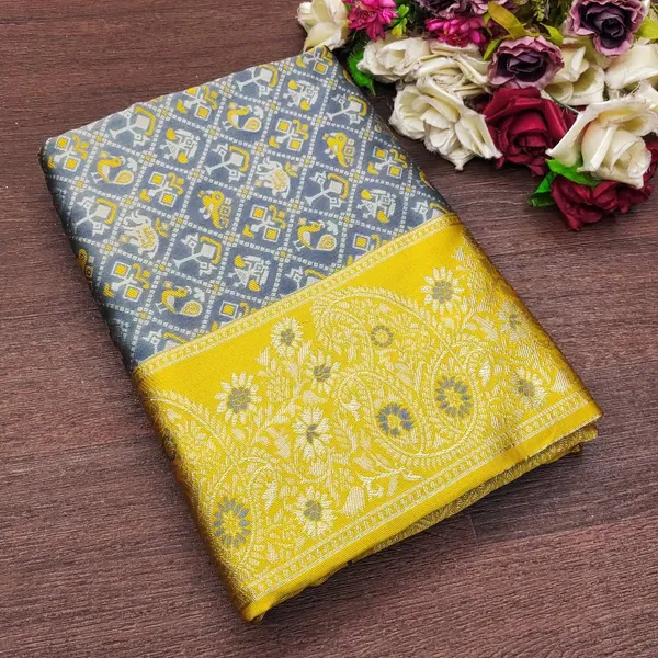 Marziyaa_Animal_Print_Banarasi_Jacquard_Saree_(Grey_Yellow)