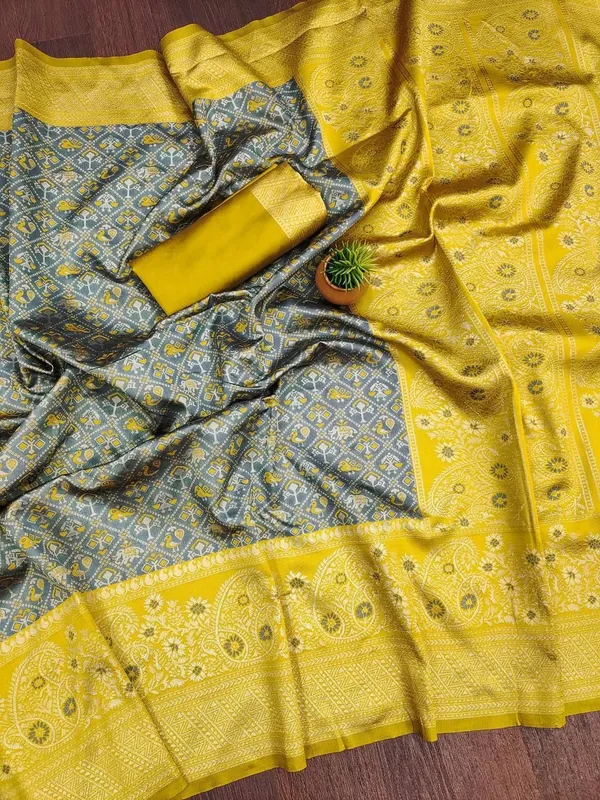 Marziyaa_Animal_Print_Banarasi_Jacquard_Saree_(Grey_Yellow)