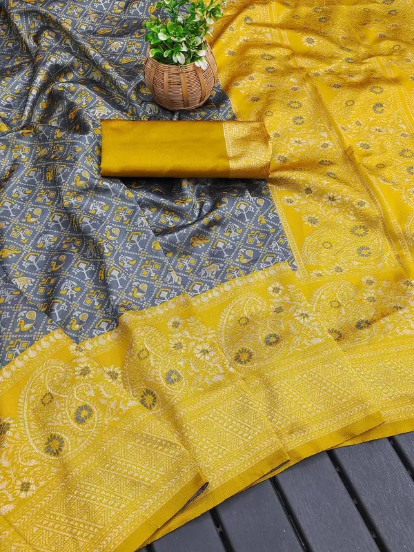 Marziyaa_Animal_Print_Banarasi_Jacquard_Saree_(Grey_Yellow)