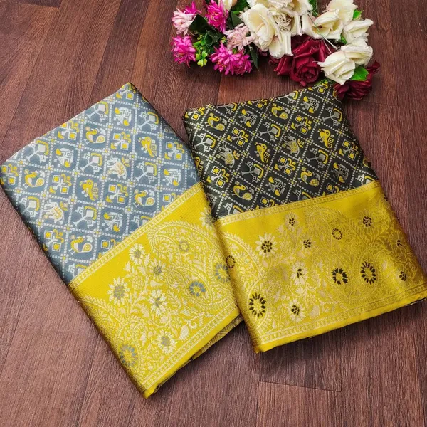 Marziyaa_Animal_Print_Banarasi_Jacquard_Saree_(Grey_Yellow)
