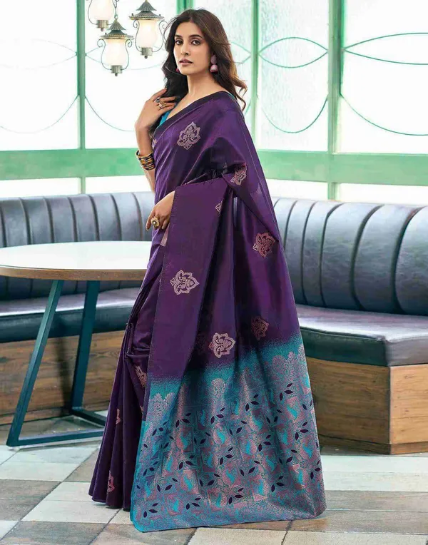 Marziyaa_Floral_Print_Banarasi_Jacquard_Saree_(Purple)