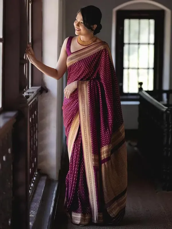 Marziyaa_Polka_Print_Woven_Banarasi_Brocade_Saree_(Magenta)