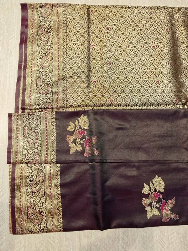 Brown_Banarasi_Satin_Embroidered_Golden_Border_Saree_For_Women