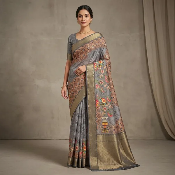 Grey_Cotton_Floral_Embroidered_Golden_Border_Saree_For_Women