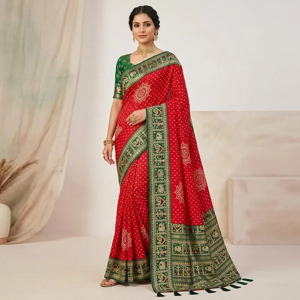 Red_Satin_Silk_Bandhani_Print_Green_Border_Saree_For_Women