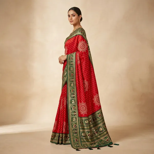 Red_Satin_Silk_Bandhani_Print_Green_Border_Saree_For_Women