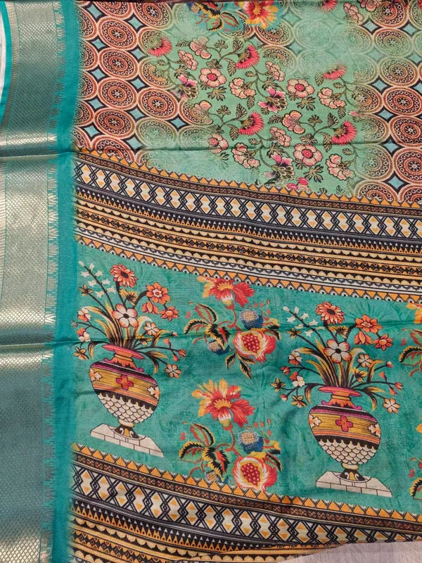Turquoise_Cotton_Floral_Print_Zari_Border_Saree_For_Women