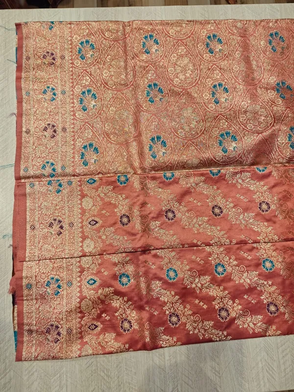 Peach_Banarasi_Satin_Floral_Zari_Embroidered_Saree_For_Women