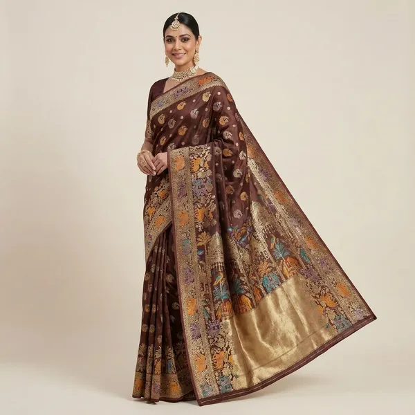 Brown_Banarasi_Satin_Embroidered_Festive_Saree_For_Women