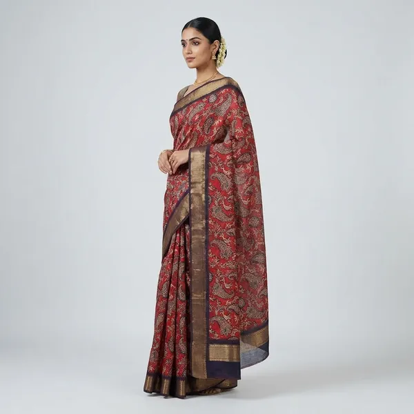 Red_Cotton_Paisley_Print_Golden_Border_Saree_For_Women