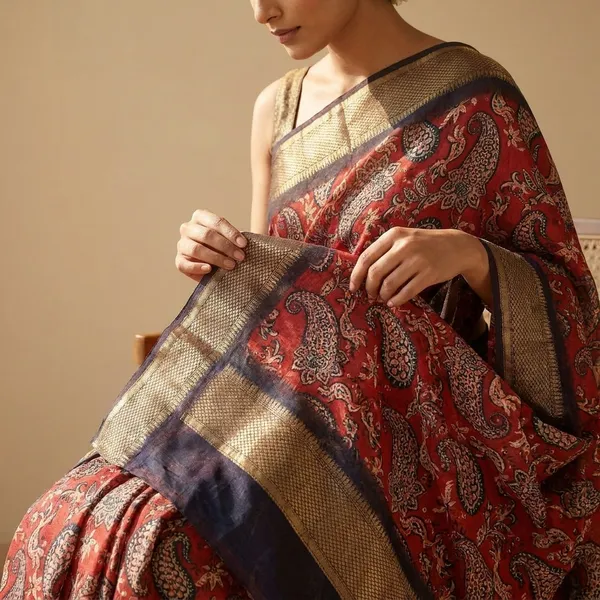 Red_Cotton_Paisley_Print_Golden_Border_Saree_For_Women