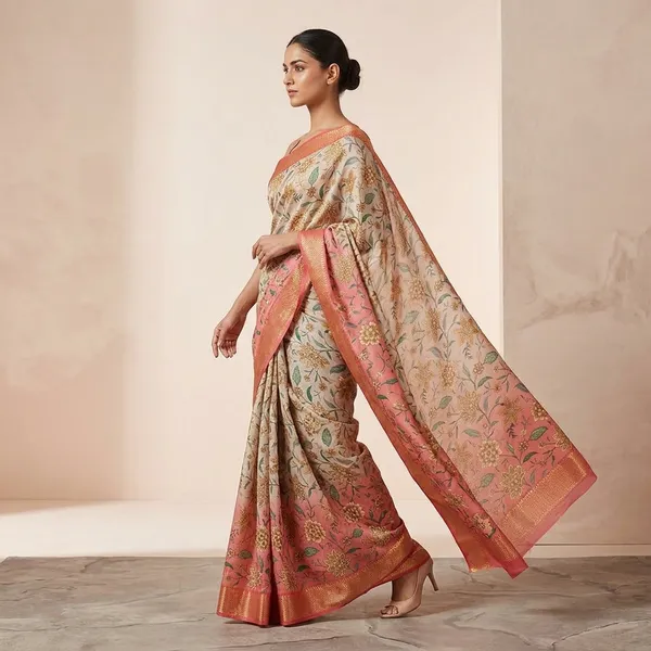Beige_And_Pink_Cotton_Floral_Printed_Saree_For_Women