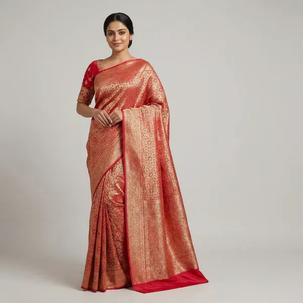 Red_Banarasi_Satin_Floral_Zari_Woven_Saree_For_Women