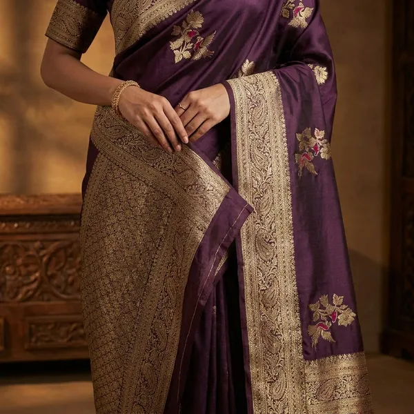 Brown_Banarasi_Satin_Embroidered_Golden_Border_Saree_For_Women