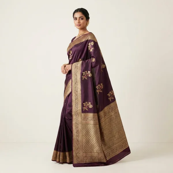 Brown_Banarasi_Satin_Embroidered_Golden_Border_Saree_For_Women