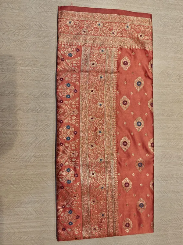 Peach_Banarasi_Satin_Floral_Embroidered_Saree_For_Women