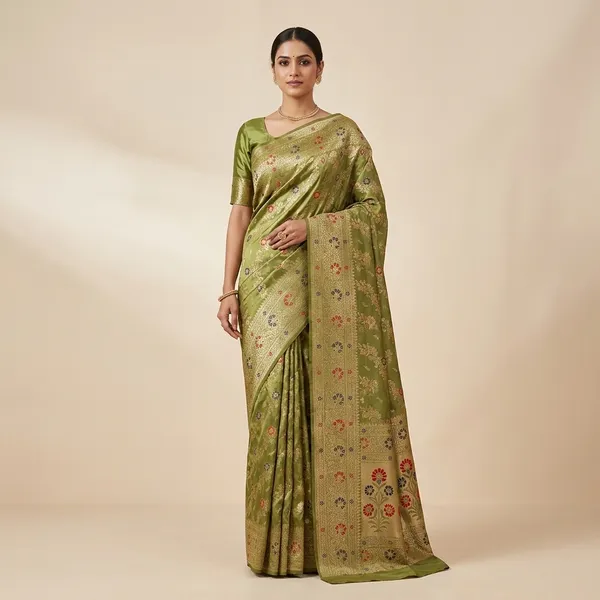 Green_Banarasi_Satin_Zari_Embroidered_Saree_For_Women