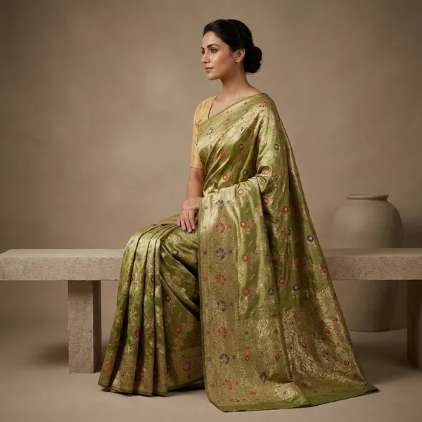 Green_Banarasi_Satin_Zari_Embroidered_Saree_For_Women