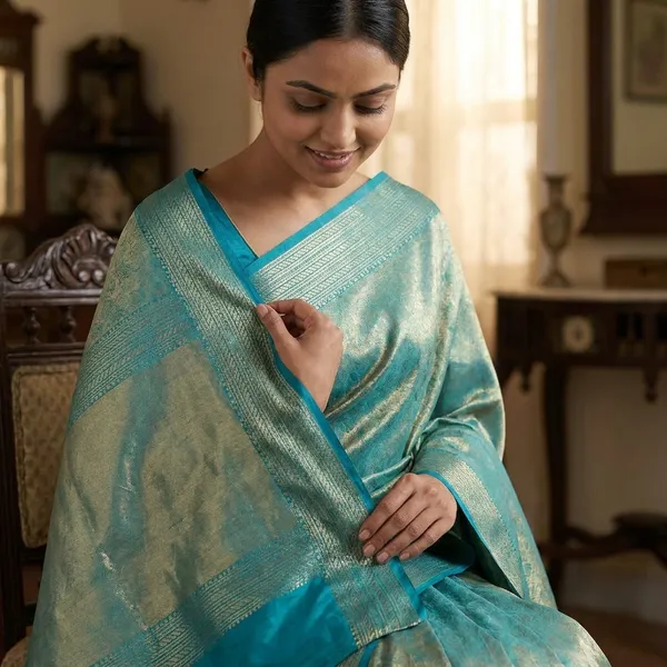 Teal_Blue_Banarasi_Silk_Zari_Border_Saree_For_Women
