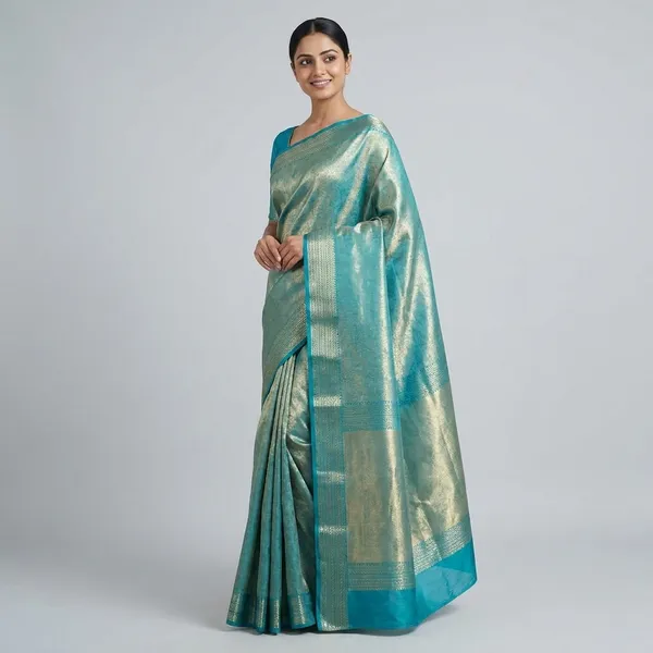 Teal_Blue_Banarasi_Silk_Zari_Border_Saree_For_Women
