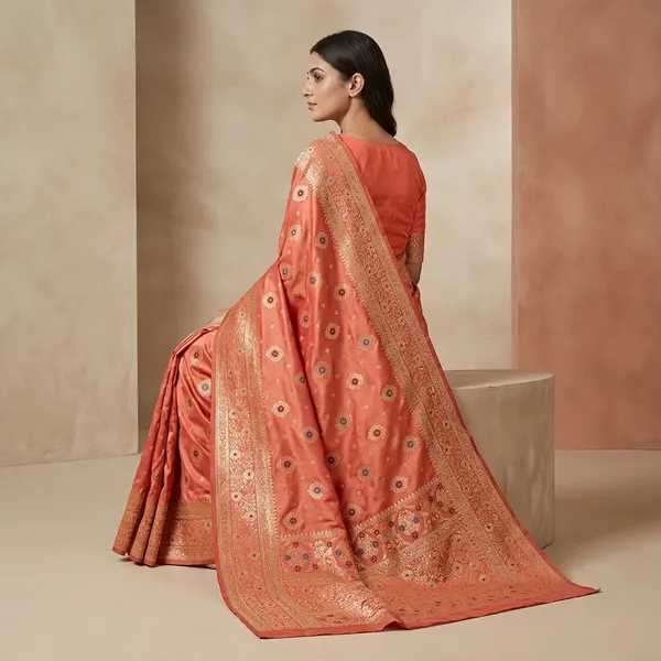 Peach_Banarasi_Satin_Floral_Embroidered_Saree_For_Women
