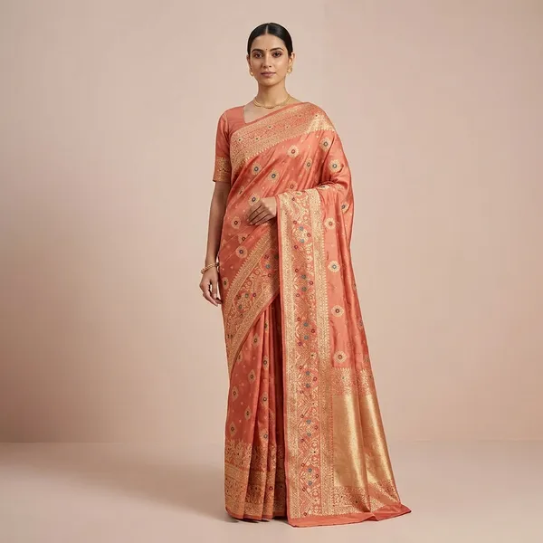 Peach_Banarasi_Satin_Floral_Embroidered_Saree_For_Women
