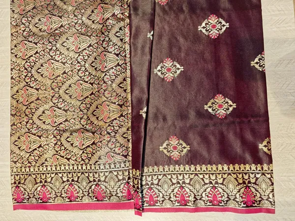 Burgundy_Banarasi_Satin_Embroidered_Golden_Border_Saree_For_Women